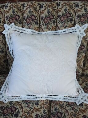 White Embroidered Lace Trim Throw Pillow